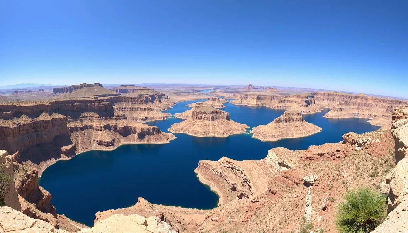 Panoramic view of Lake Meredith National Recreation Area showing blue waters surrounded by rugged canyon walls