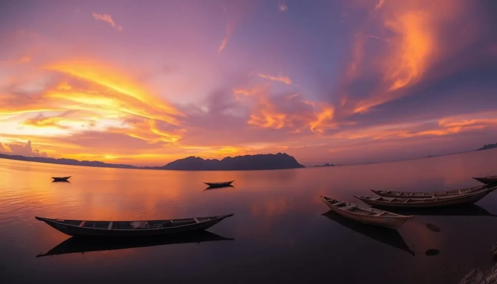 Panoramic view of Lake Paniai at sunset with traditional boats silhouetted against colorful sky