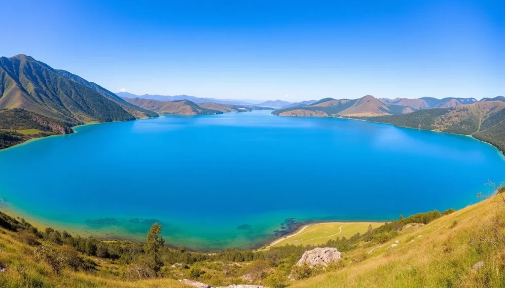 Panoramic view of Lake Ranu Kumbolo surrounded by hills and meadows in East Java
