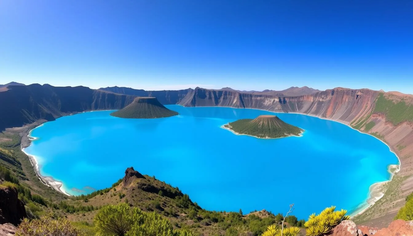 Panoramic view of Lake Segara Anak within Mount Rinjani's caldera, Indonesia