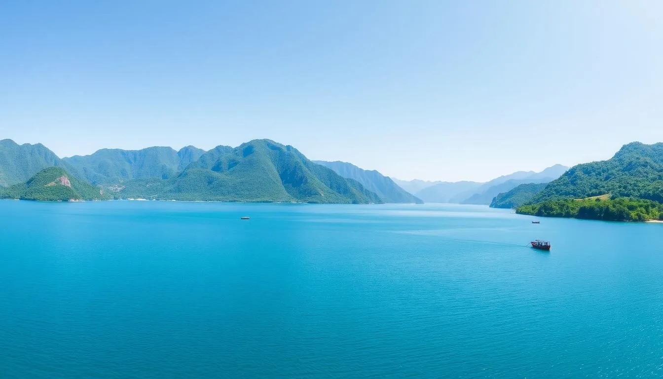 Panoramic view of Lake Singkarak with mountains in the background on a clear sunny day