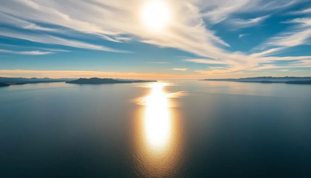 Panoramic view of Lake Taupo at sunset with mountains in the background