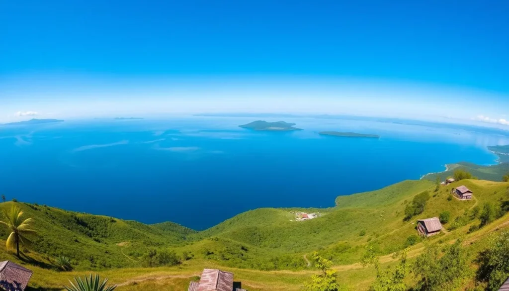 Panoramic view of Lake Toba, the world's largest volcanic crater lake, with Samosir Island visible Panoramic view of Lake Toba, the world's largest volcanic crater lake, with Samosir Island visible