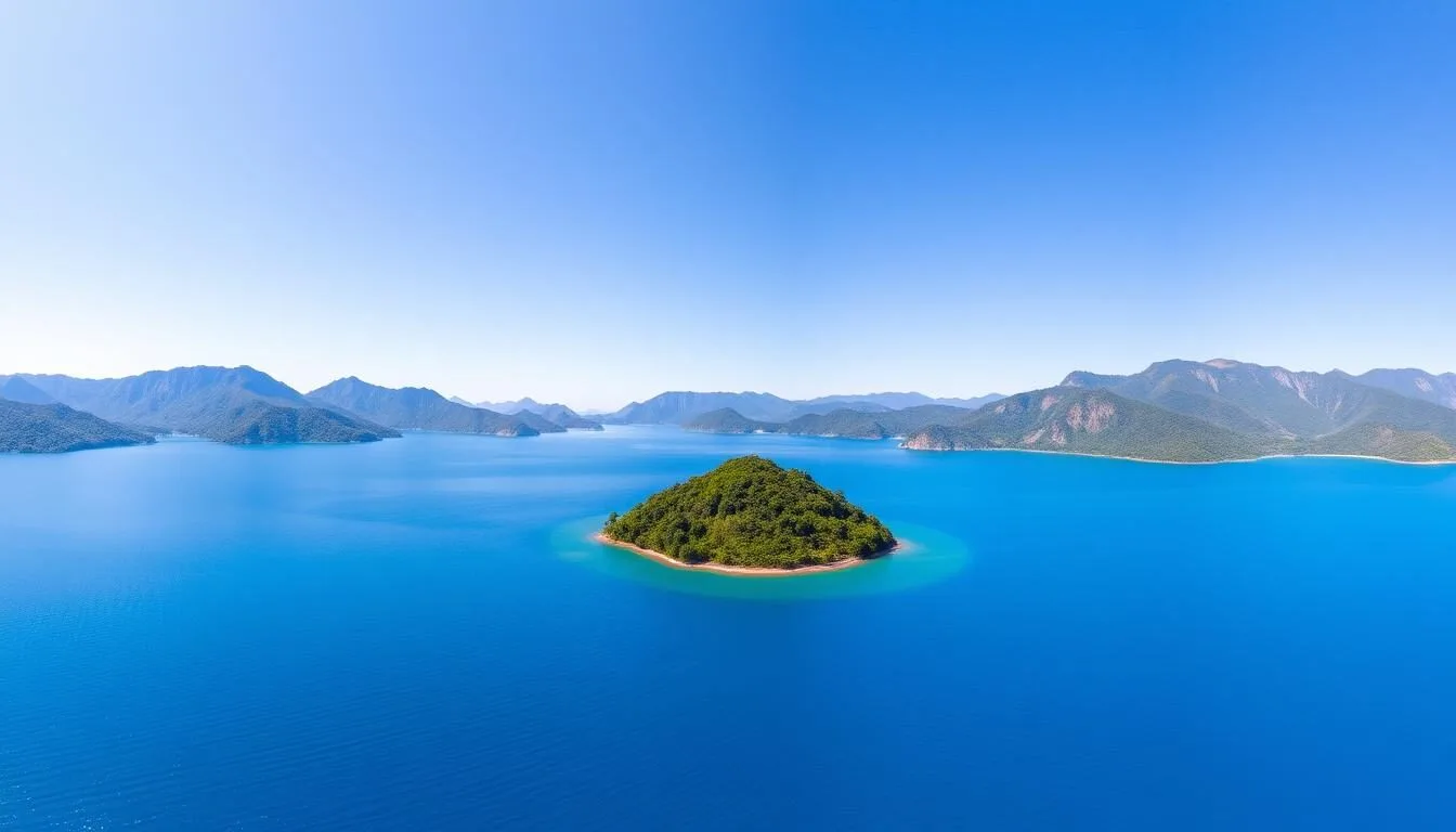Panoramic view of Lake Towuti with blue waters surrounded by green mountains in South Sulawesi, Indonesia