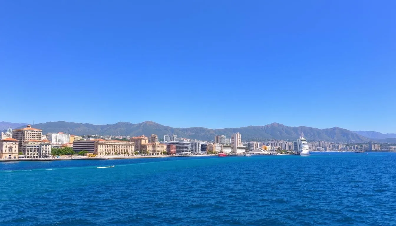 Panoramic view of Latakia city with the Mediterranean Sea in the background, showing the coastal landscape and urban architecture on a sunny day