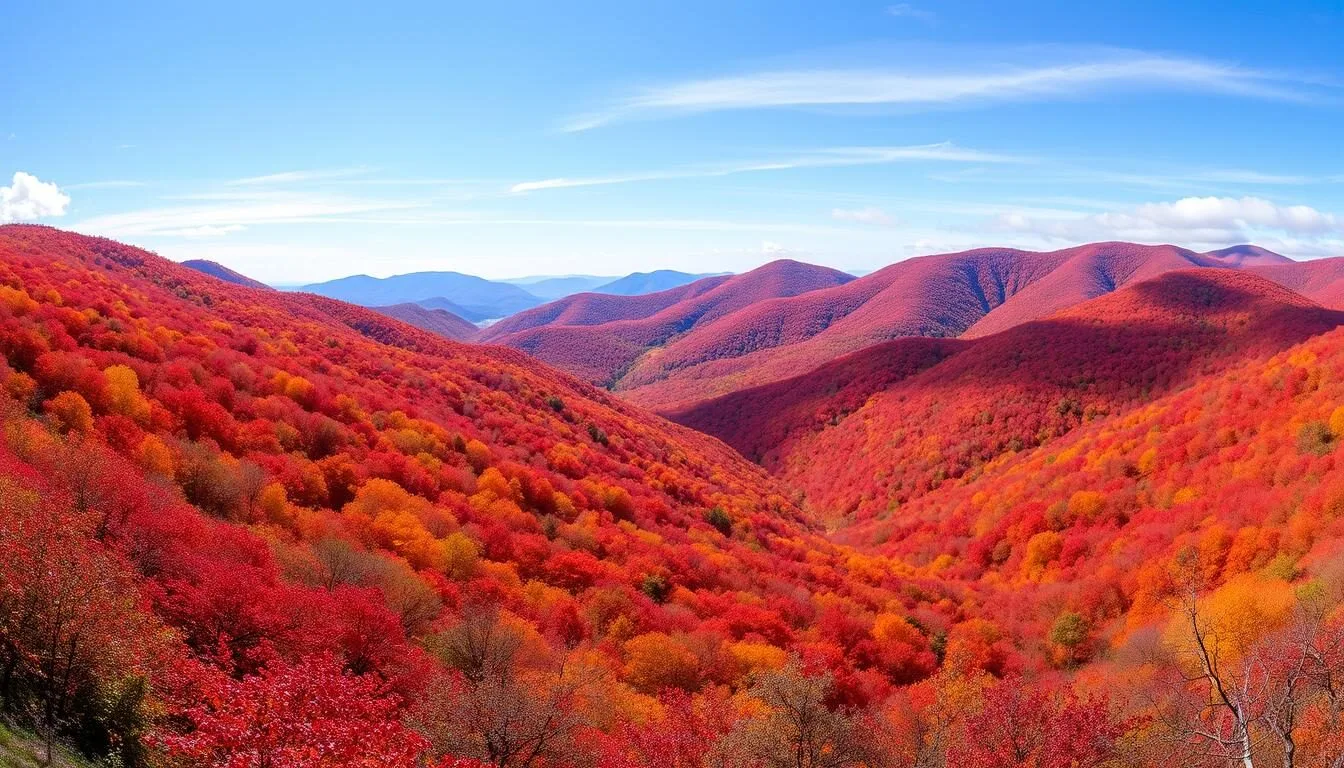 Panoramic-view-of-Laurel-Highlands-Pennsylvania-showing-rolling-mountains-covered-in-colorful- Panoramic view of Laurel Highlands, Pennsylvania showing rolling mountains covered in colorful fall foliage