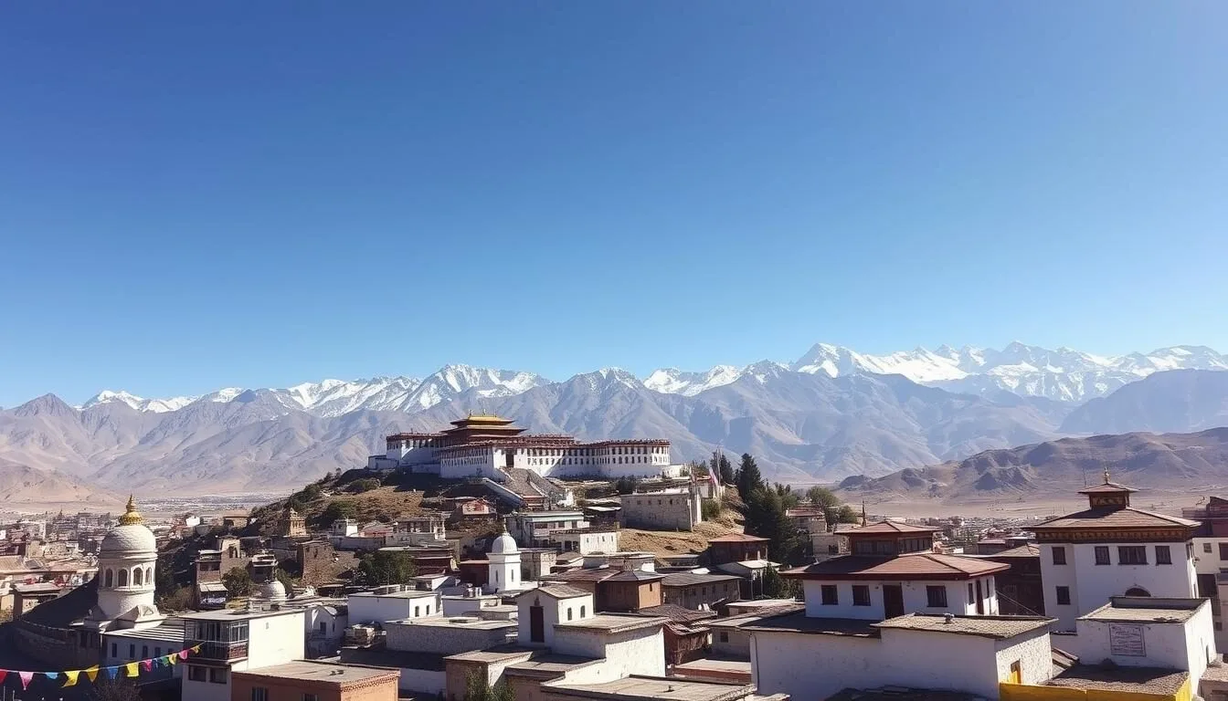Panoramic-view-of-Leh-city-with-ancient-palace-colorful-prayer-flags-and-snow-capped Panoramic view of Leh city with ancient palace, colorful prayer flags, and snow-capped Himalayan mountains in the background