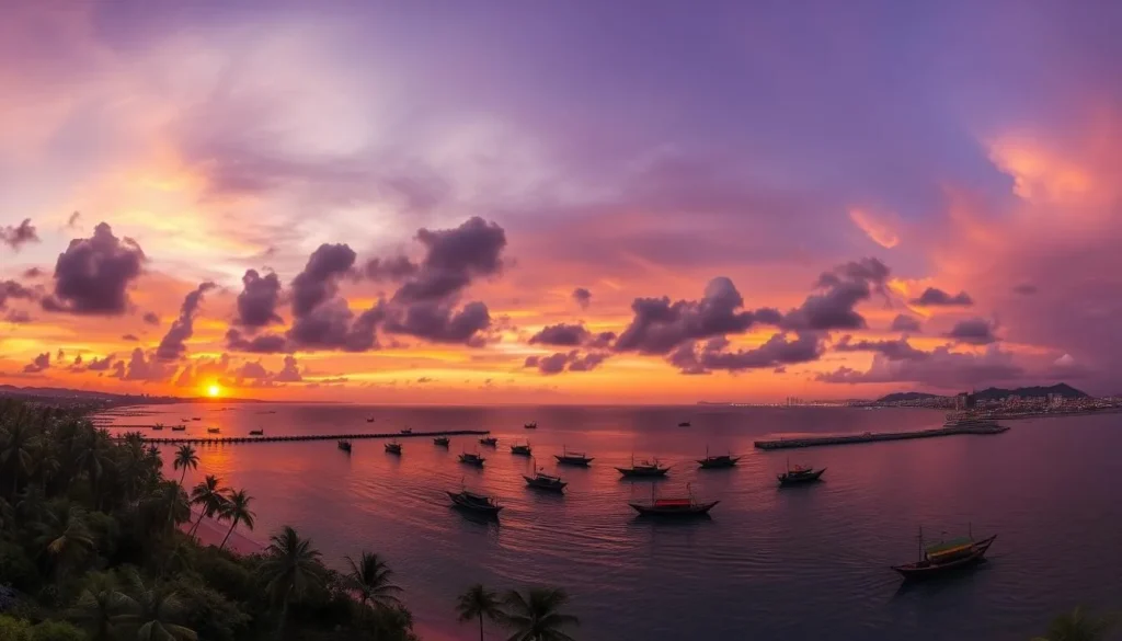 Panoramic view of Lhokseumawe coastline at sunset with fishing boats returning to harbor