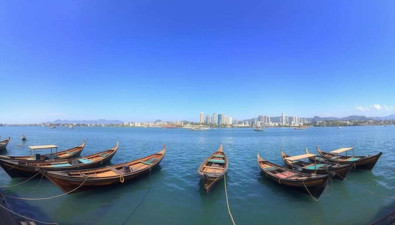 Panoramic view of Lhokseumawe coastline with traditional boats and modern city buildings in the background