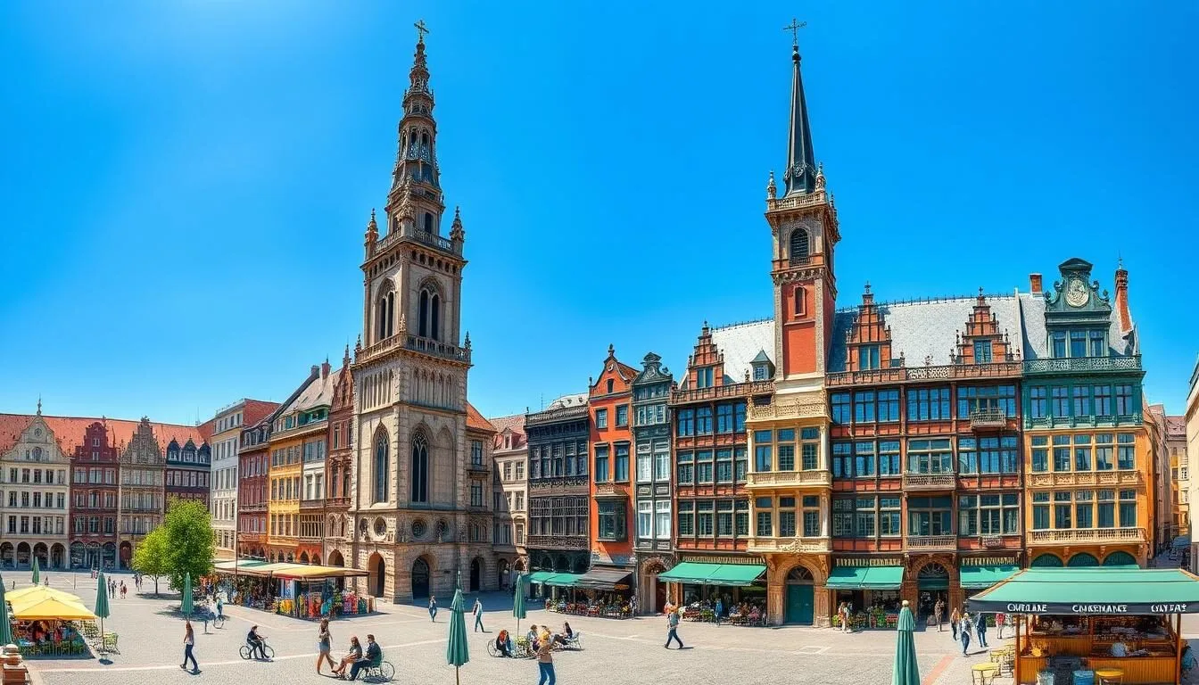 Panoramic view of Lille France cityscape with Grand Place and Flemish architecture on a sunny summer day