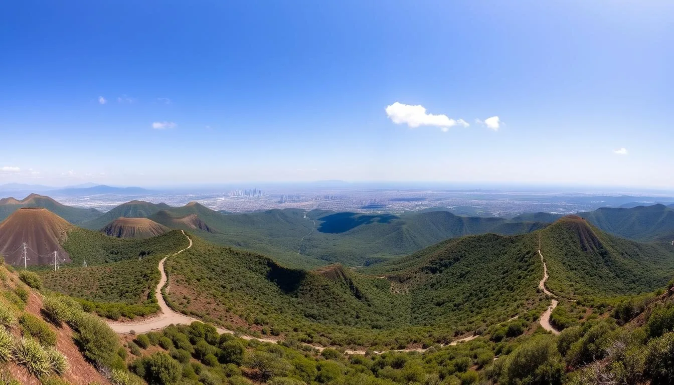 Panoramic view of Lomas de Padierna National Park showing volcanic landscapes and hiking trails with Mexico City skyline in the distance
