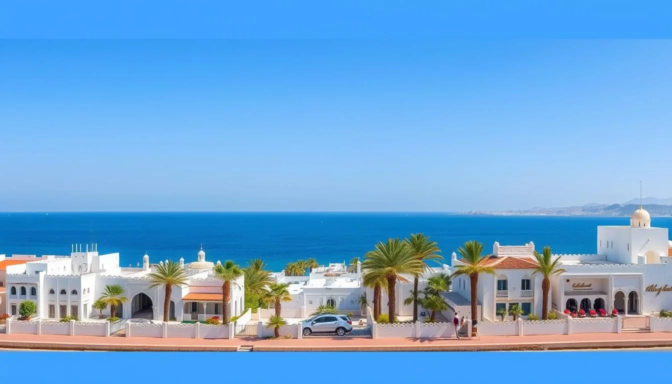 Panoramic view of Madinat Ash Shamal with traditional buildings and the coastline of northern Qatar