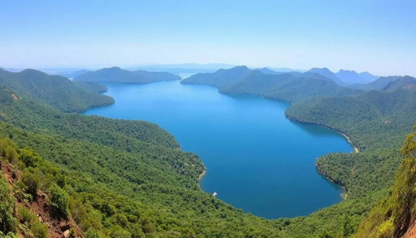 Panoramic view of Maduru Oya National Park with its reservoir and surrounding hills on a clear day