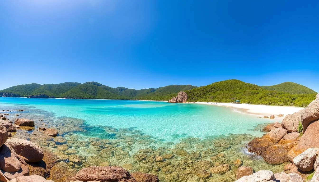 Panoramic view of Magnetic Island's Horseshoe Bay with turquoise waters and surrounding mountains