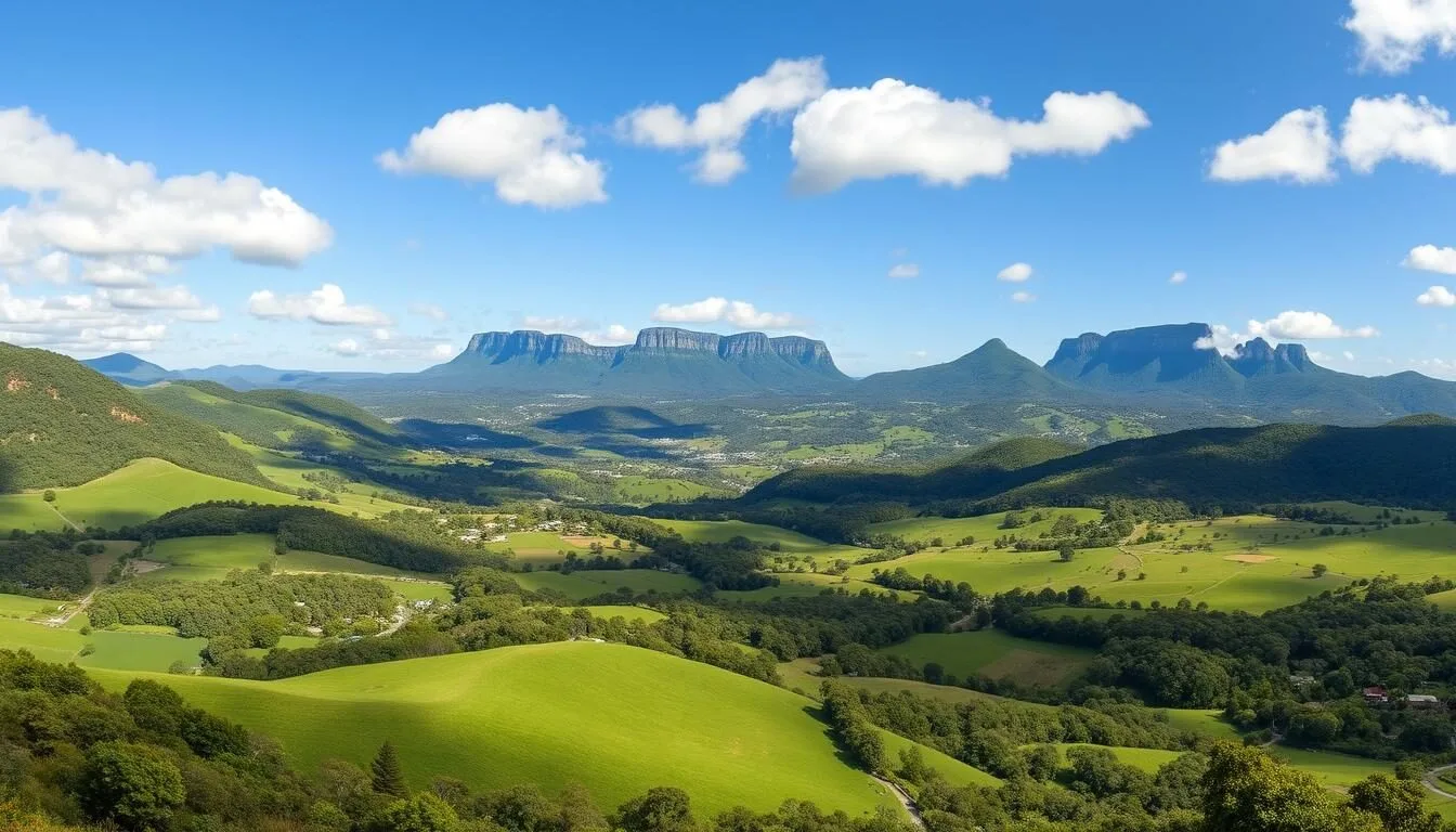Panoramic view of Maleny Queensland with Glass House Mountains in the background