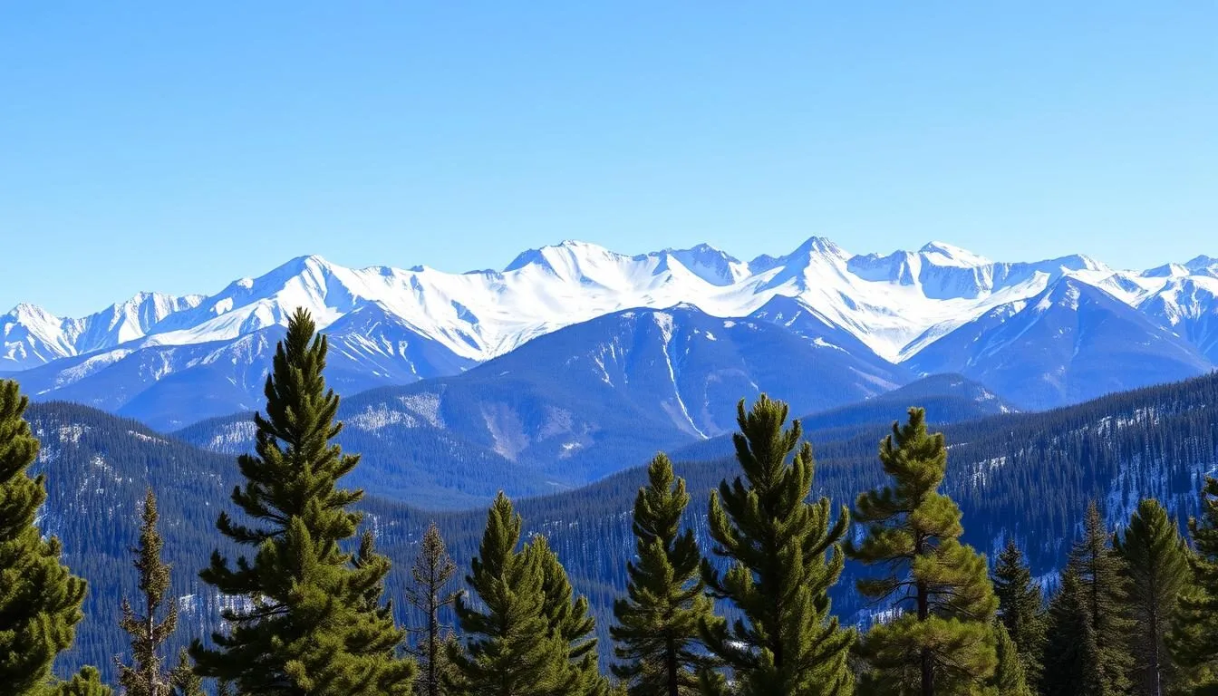 Panoramic view of Mammoth Mountain with snow-capped peaks and clear blue skies