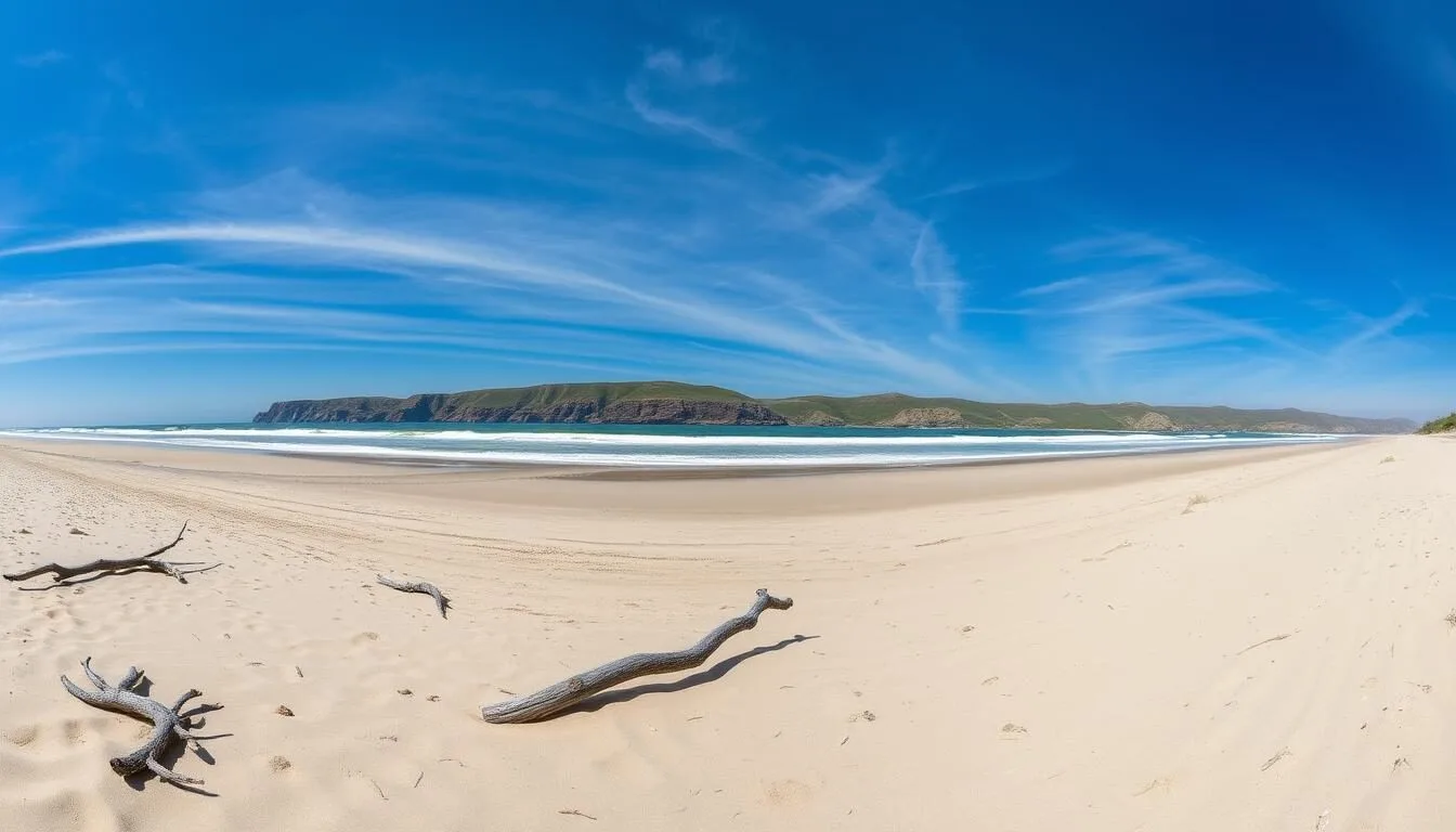 Panoramic view of Manchester State Beach with driftwood scattered along the shoreline and coastal bluffs in the background at Manchester State Park, California