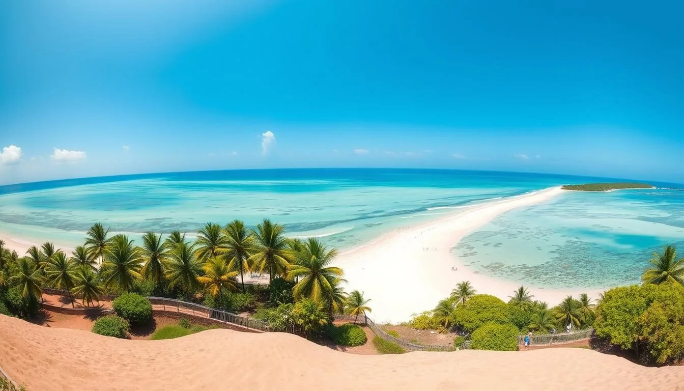 Panoramic view of Mannar Island's coastline with palm trees and clear blue waters