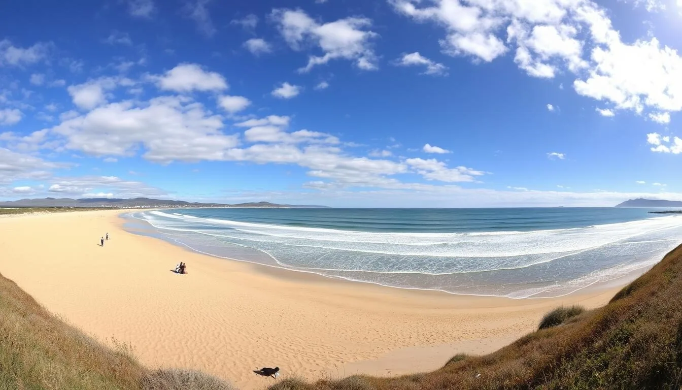 Panoramic view of Manresa State Beach shoreline with waves crashing on golden sand under blue skies