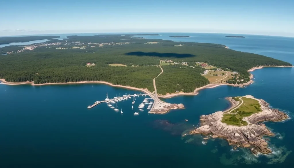 Panoramic view of Matinicus Island showing its harbor, forests, and surrounding Atlantic waters Panoramic view of Matinicus Island showing its harbor, forests, and surrounding Atlantic waters