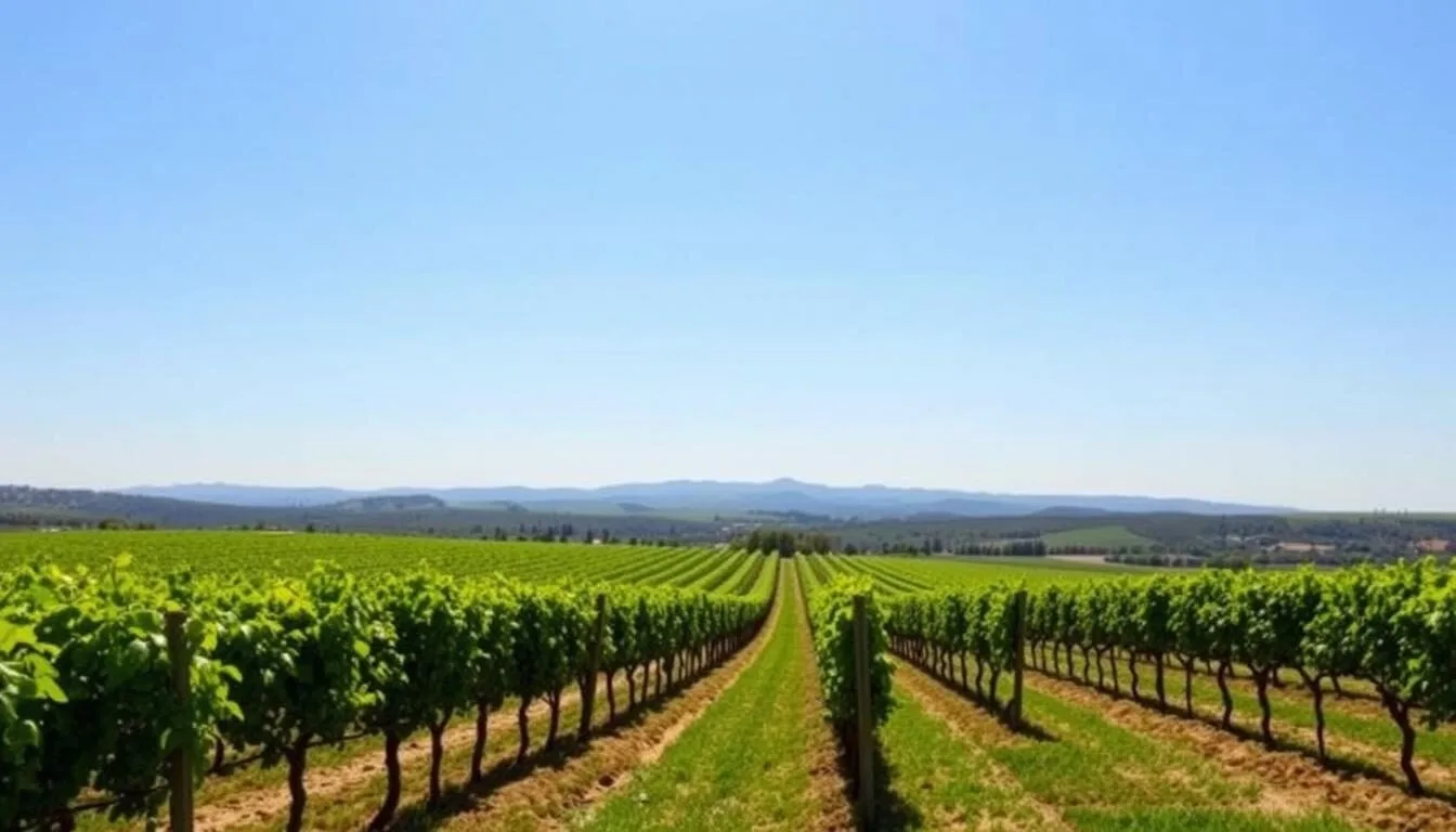 Panoramic view of McLaren Vale vineyards with rolling hills and blue sky, showcasing the McLaren Vale South Australia things to do