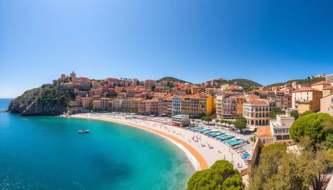 Panoramic view of Menton France with colorful buildings climbing the hillside, framing a crescent-shaped beach and azure Mediterranean waters on a sunny day