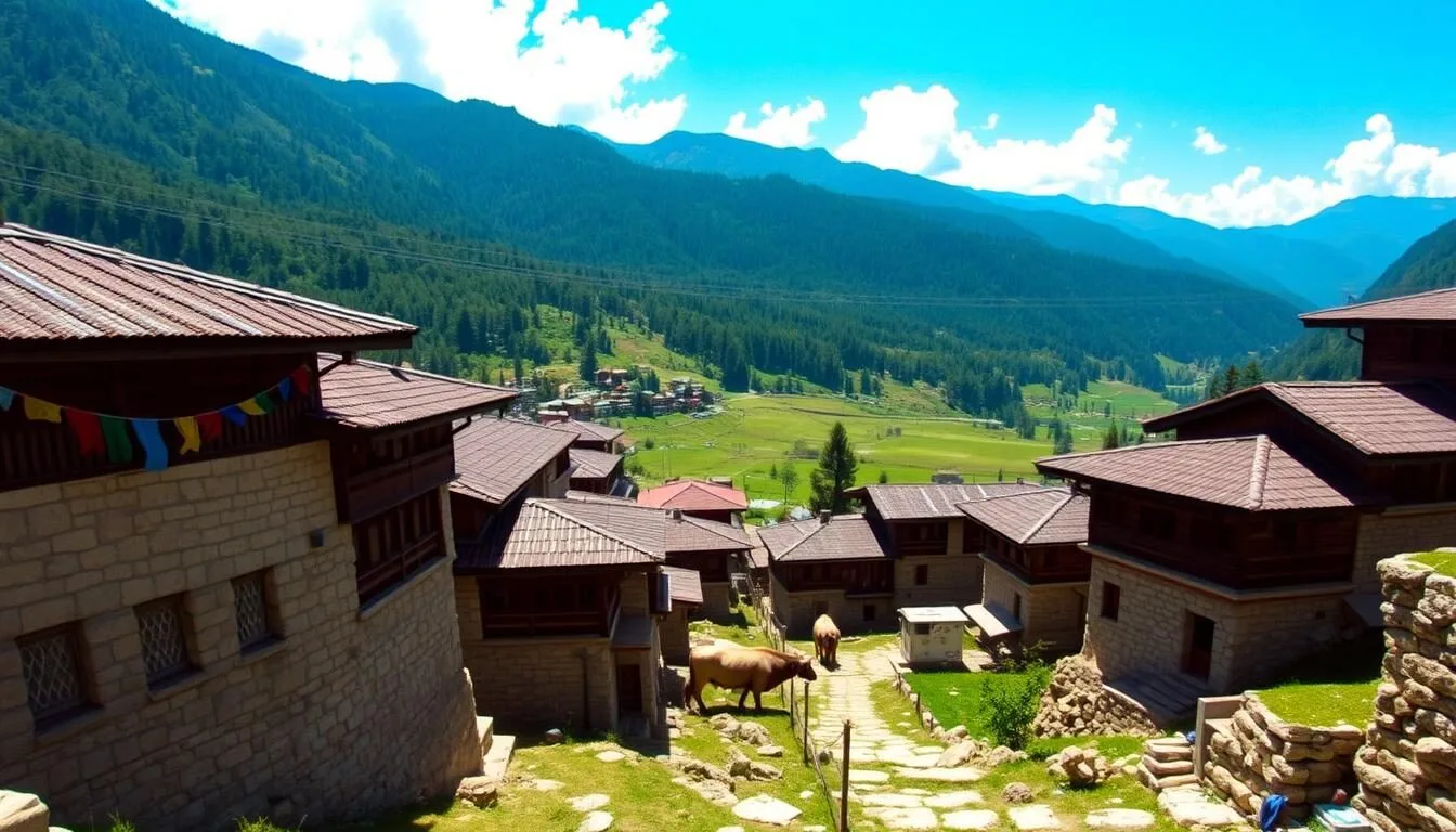 Panoramic view of Merak village with traditional houses nestled in the eastern Bhutanese highlands