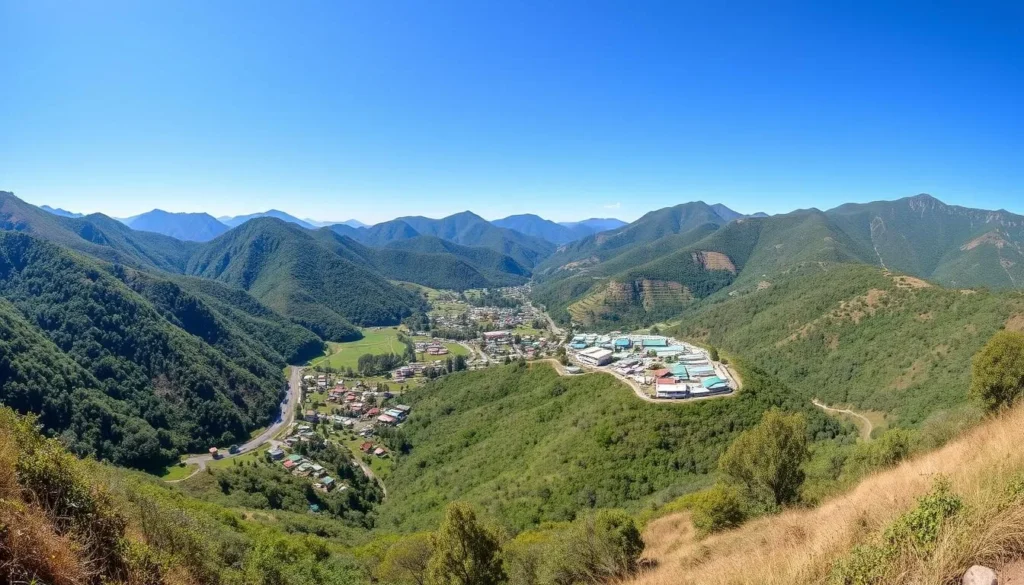 Panoramic view of Minca, Colombia during dry season with clear skies and lush mountains