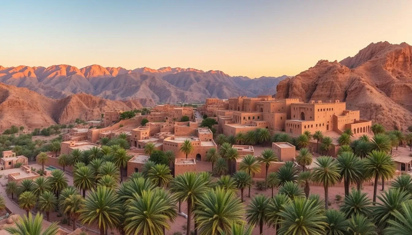 Panoramic view of Misfah al Abriyyin village with traditional mud-brick houses nestled in the Al Hajar Mountains of Oman