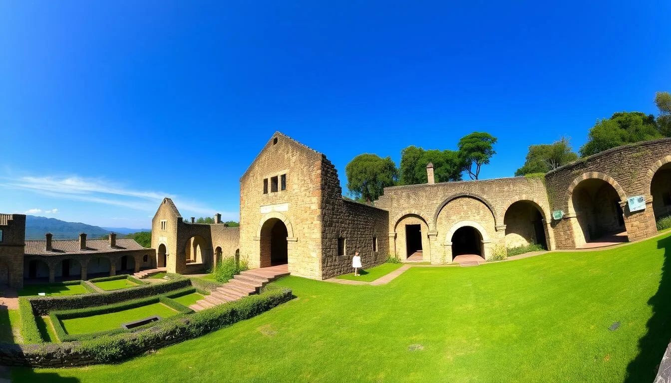 Panoramic view of Molino de Flores Nezahualcoyotl National Park showing historic hacienda ruins surrounded by lush gardens on a sunny day
