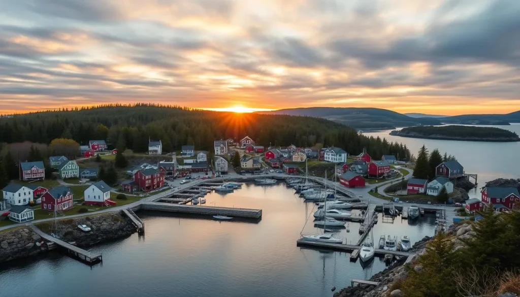 Panoramic view of Monhegan Island village with harbor, colorful houses, and boats at sunset Panoramic view of Monhegan Island village with harbor, colorful houses, and boats at sunset