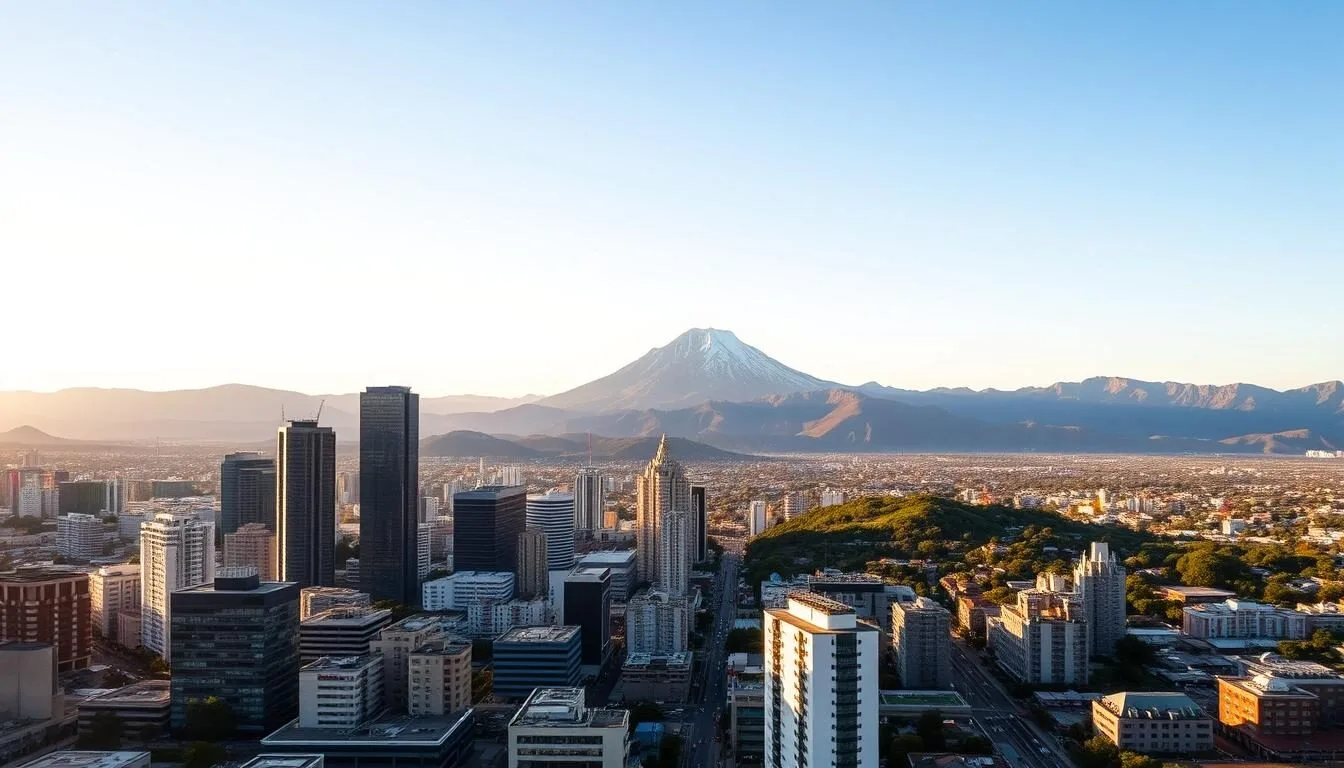 Panoramic view of Monterrey city with the iconic Cerro de la Silla mountain in the background, Nuevo Leon, Mexico