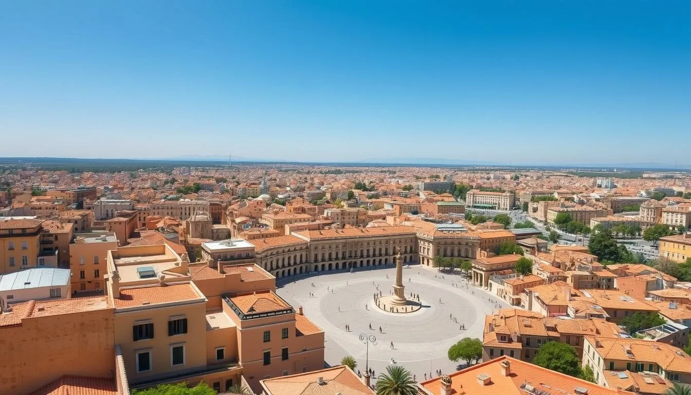 Panoramic view of Montpellier's historic center on a sunny day with Place de la Comédie visible
