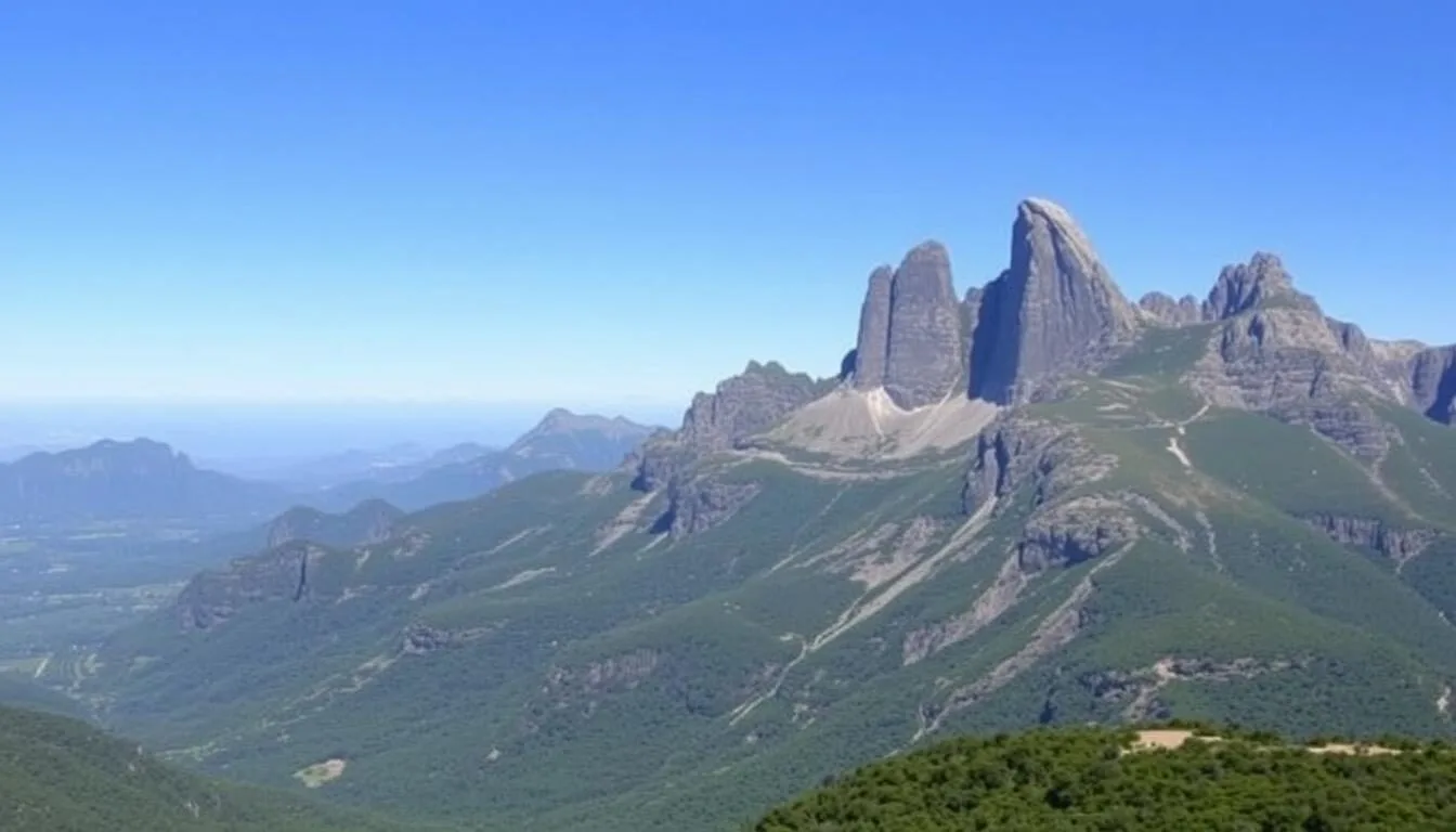 Panoramic view of Montserrat mountain range with its distinctive jagged peaks rising dramatically from the surrounding landscape