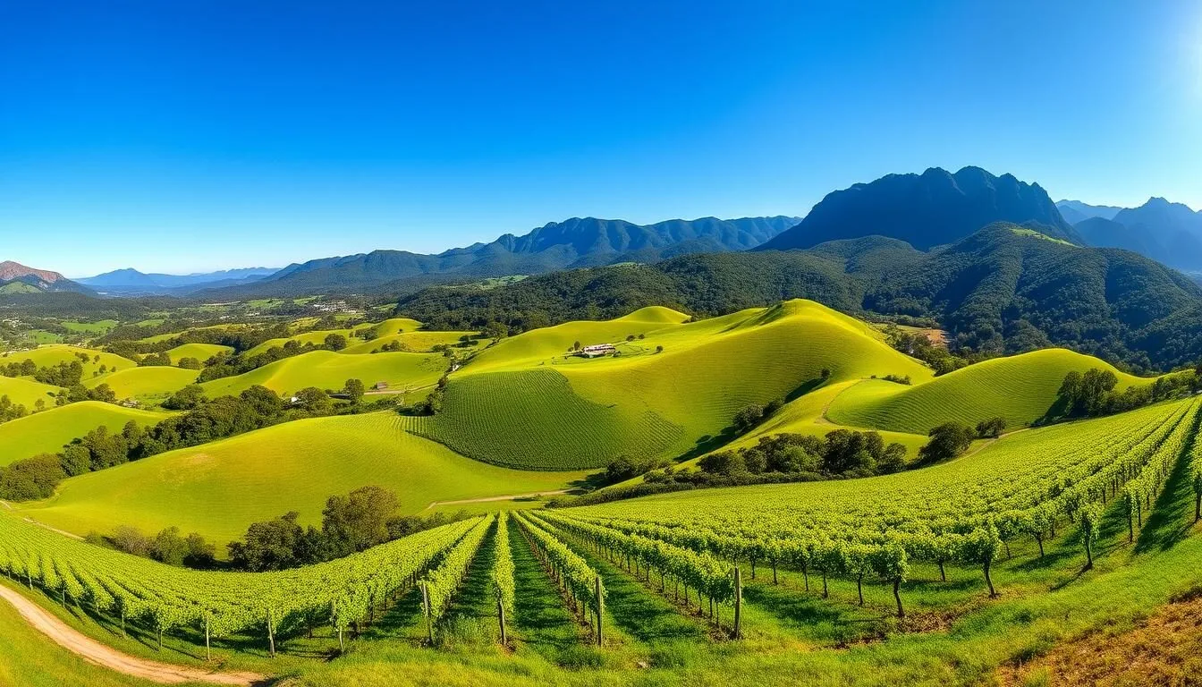 Panoramic view of Mount Alford Queensland with rolling hills, vineyards and mountains in the background on a sunny day