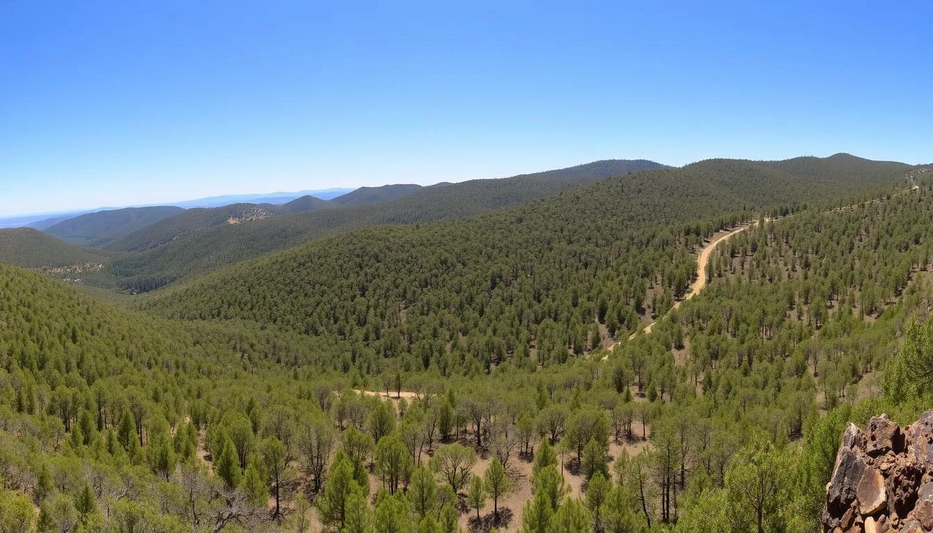 Panoramic view of Mount Crawford Forest showing pine plantations and eucalyptus trees with hiking trails visible in South Australia
