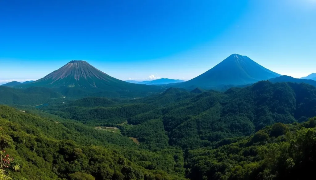 Panoramic view of Mount Gede and Pangrango peaks with lush forest and valley below Panoramic view of Mount Gede and Pangrango peaks with lush forest and valley below