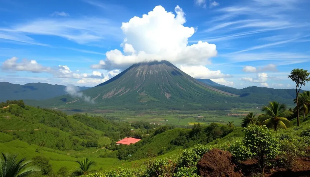 Panoramic view of Mount Kelud volcano in Blitar with its crater and surrounding lush landscapes