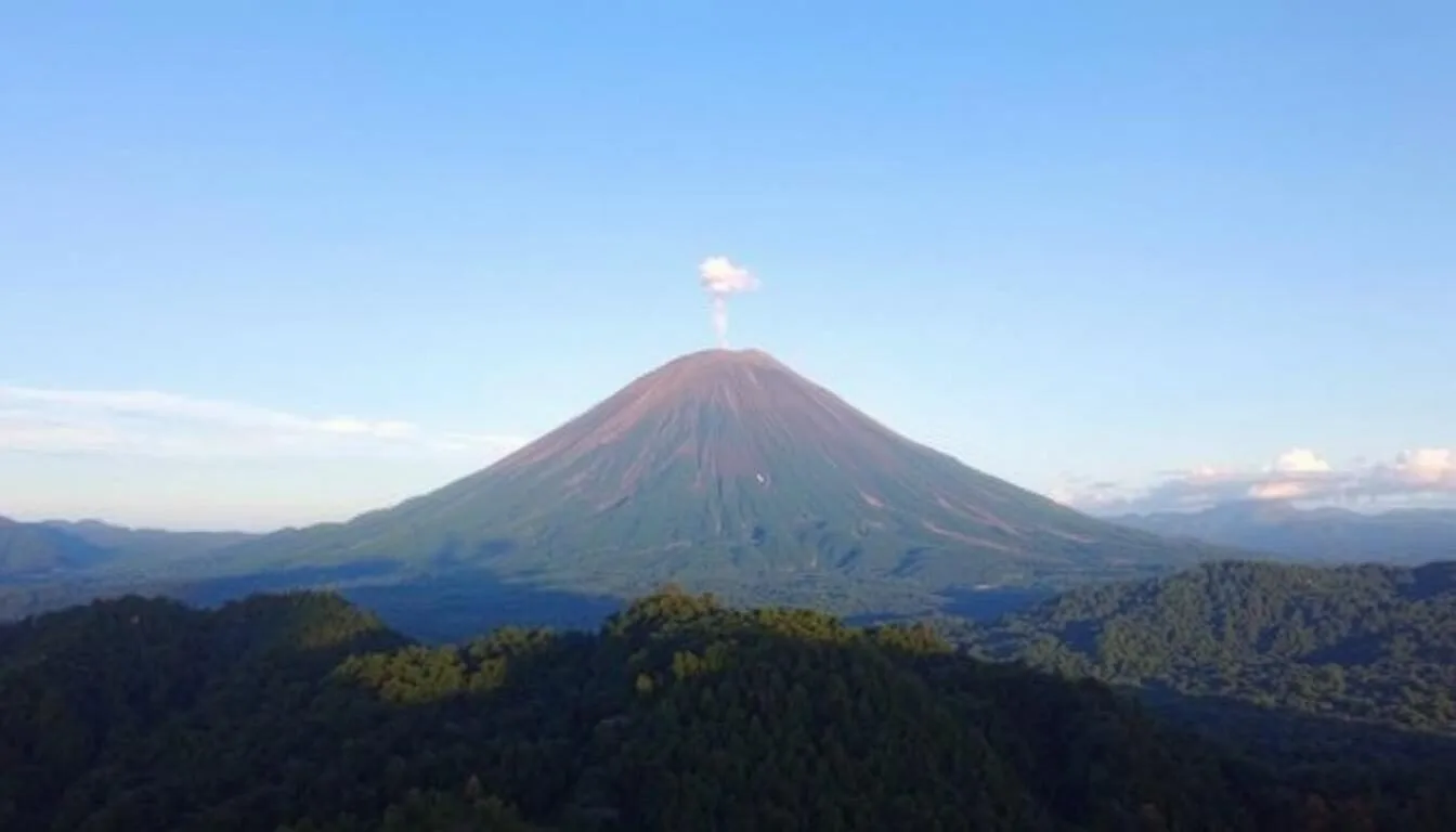 Panoramic view of Mount Merapi volcano with smoke rising from its peak in Gunung Merapi National Park, Indonesia