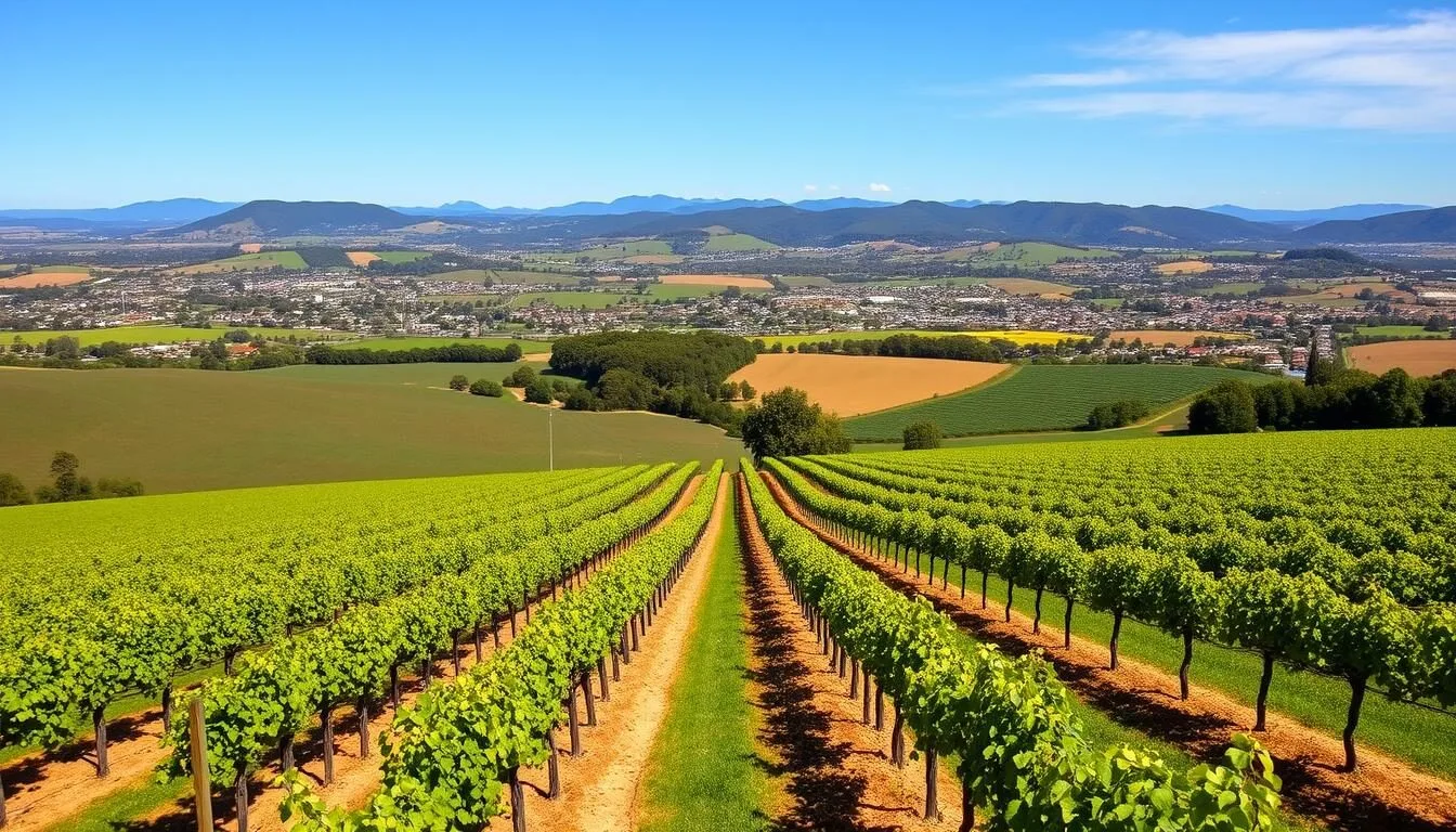 Panoramic-view-of-Mudgee-vineyards-with-rolling-hills-in-the-background-showcasing-the Panoramic view of Mudgee vineyards with rolling hills in the background, showcasing the beautiful wine region landscape