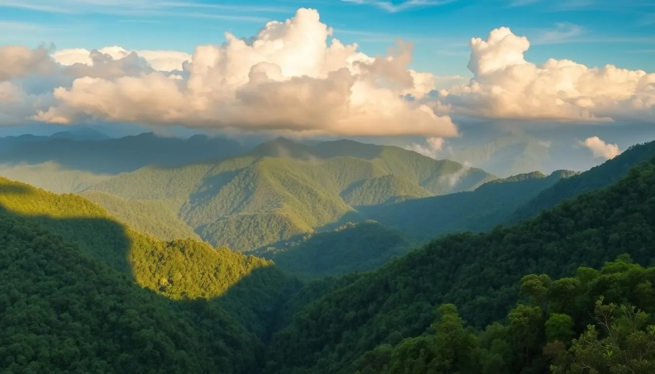 Panoramic view of Nam Et-Phou Louey National Protected Area showing lush mountains and forest canopy