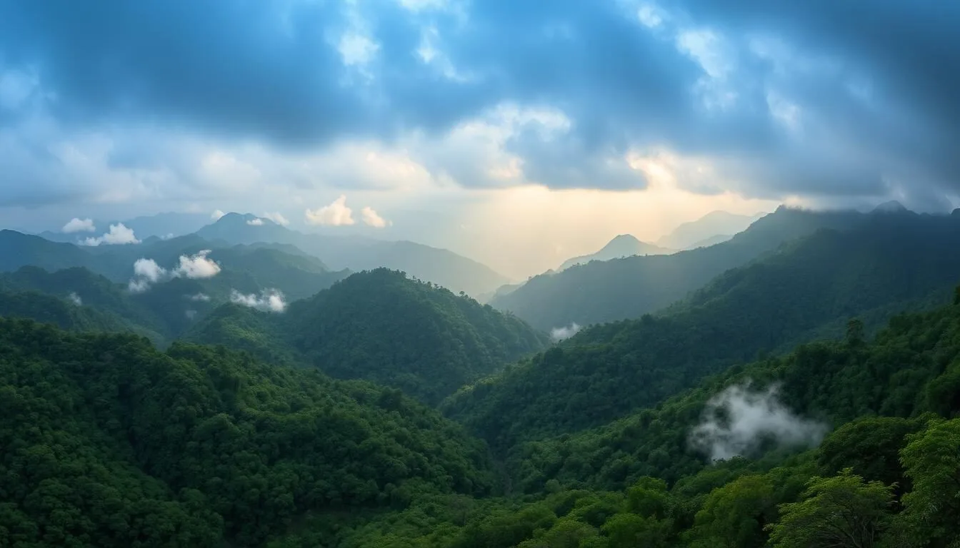Panoramic view of Nam Ha National Protected Area's lush mountain landscape in Laos