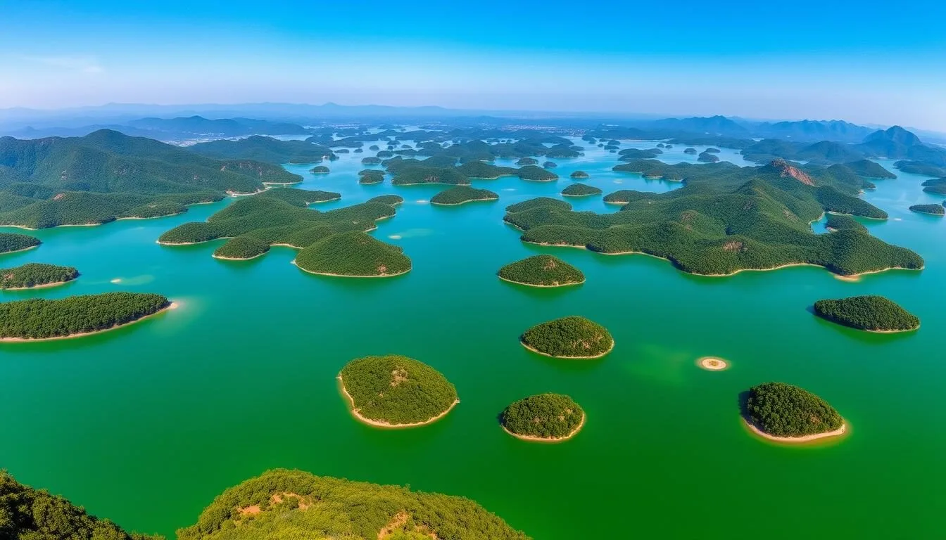 Panoramic view of Nam Ngum Reservoir in Laos showing emerald waters dotted with forested islands under blue sky