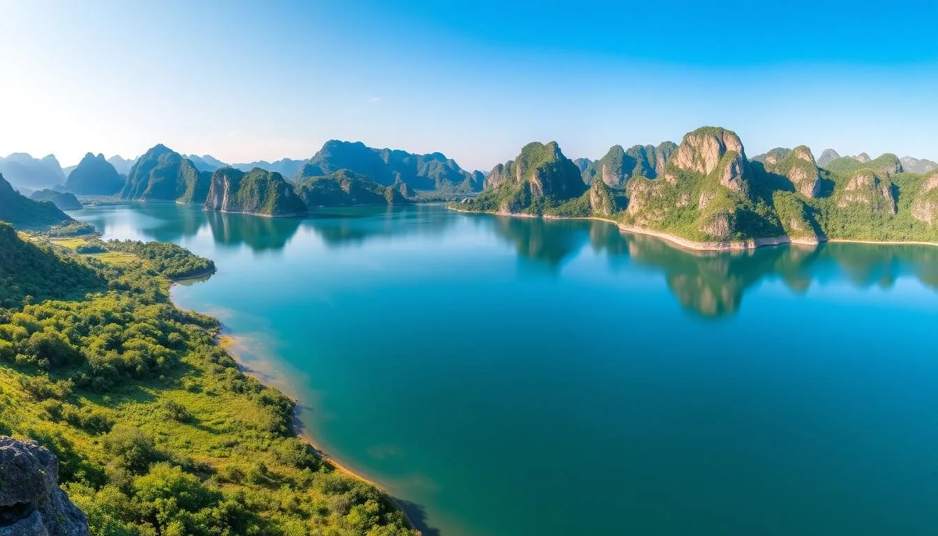 Panoramic view of Nam Song Reservoir in Laos with limestone karst mountains in the background and clear blue waters