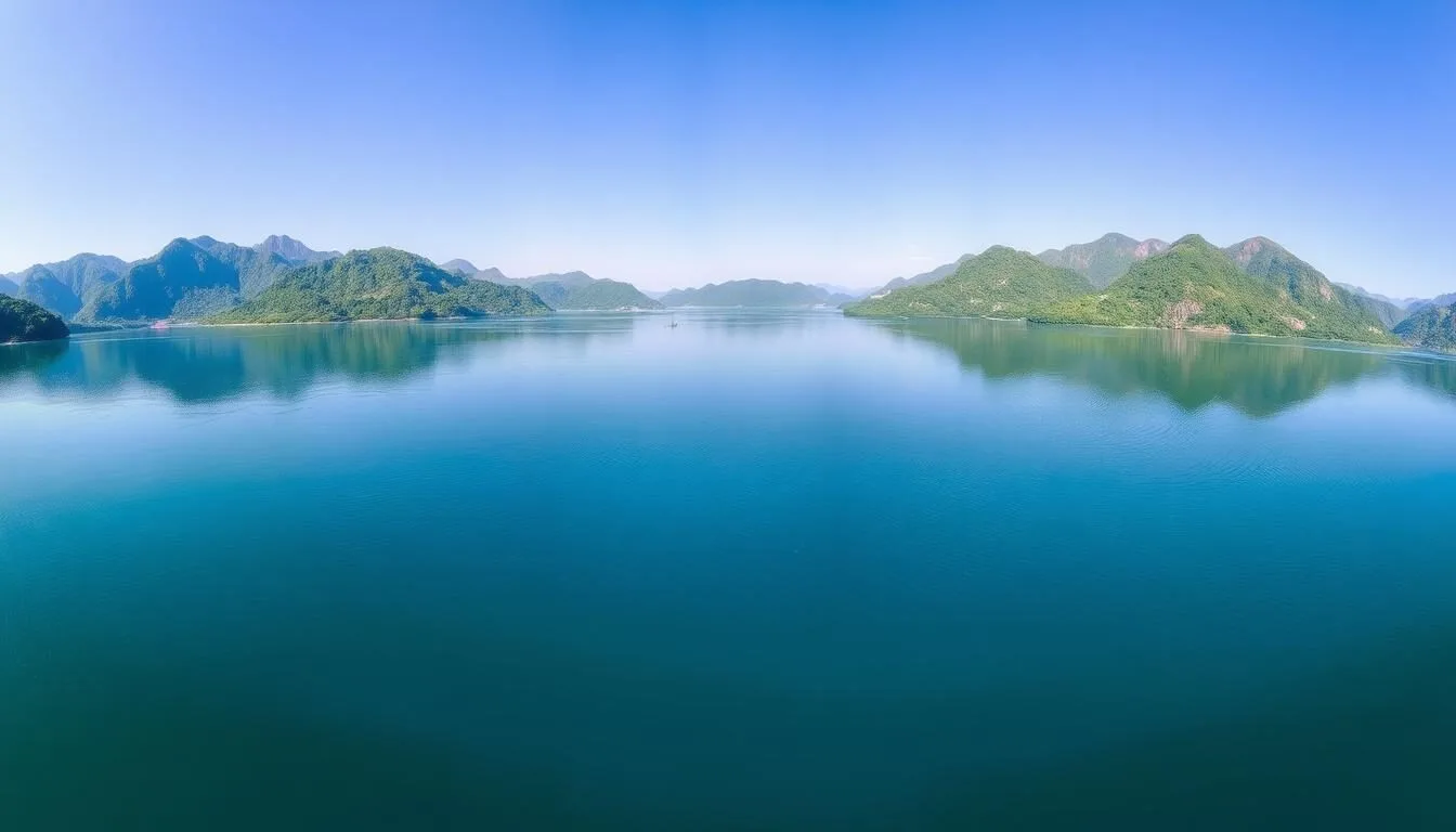 Panoramic view of Nam Theun 2 Reservoir with mountains in the background and clear blue waters reflecting the sky