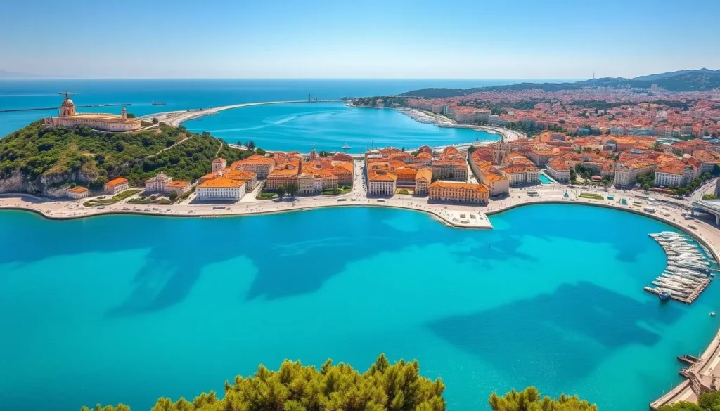 Panoramic view of Nice from Castle Hill (Colline du Château) showing the bay and city