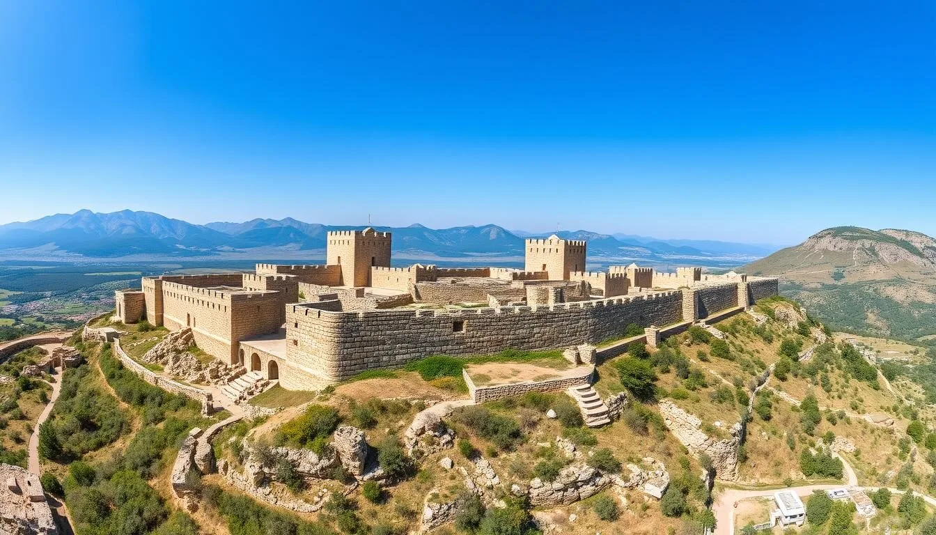 Panoramic-view-of-Nimrod-Fortress-National-Park-with-its-massive-stone-walls-and-towers-against Panoramic view of Nimrod Fortress National Park with its massive stone walls and towers against the backdrop of Mount Hermon and the Golan Heights landscape