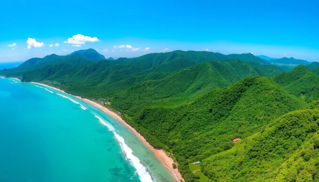 Panoramic view of Nombre de Dios National Park showing the mountain range meeting the Caribbean Sea