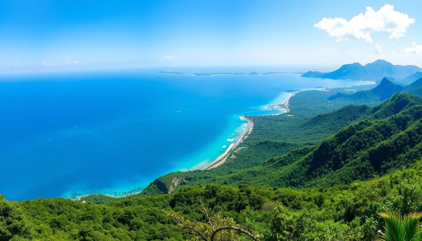 Panoramic view of Omoa National Park showing lush mountains meeting the Caribbean coastline