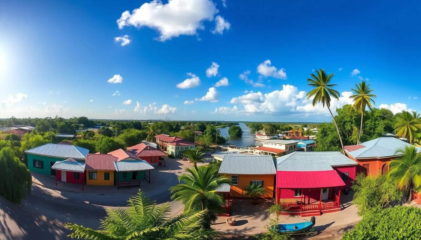 Panoramic-view-of-Orange-Walk-Town-with-the-New-River-in-the-background-showing-the-small-town Panoramic view of Orange Walk Town with the New River in the background, showing the small town atmosphere and natural beauty of Orange Walk, Belize